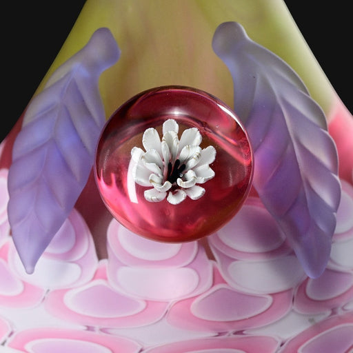 710 Pipes Smoke Shop RL. Dots X Zombri mini beaker with white flower marble, pink and purple leaf details.