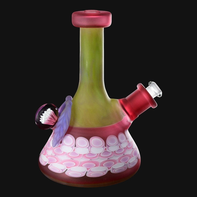 710 Pipes Smoke Shop RL. Dots X Zombri Beaker, 6.5 inch glass bong with red accents, leaf detail, and pink/white dot pattern.