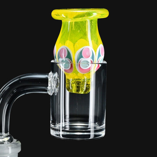710 Pipes Smoke Shop Robbie Lofland mini bubble cap featuring yellow glass with colorful dot stack patterns