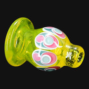 710 Pipes Smoke Shop Robbie Lofland Mini Stack Cap in neon yellow glass with pink and blue dot bubble patterns