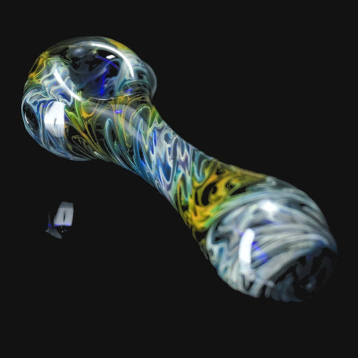 710 Pipes Smoke Shop Schutz glass spoon pipe featuring gold and silver fume swirls over cobalt blue glass.