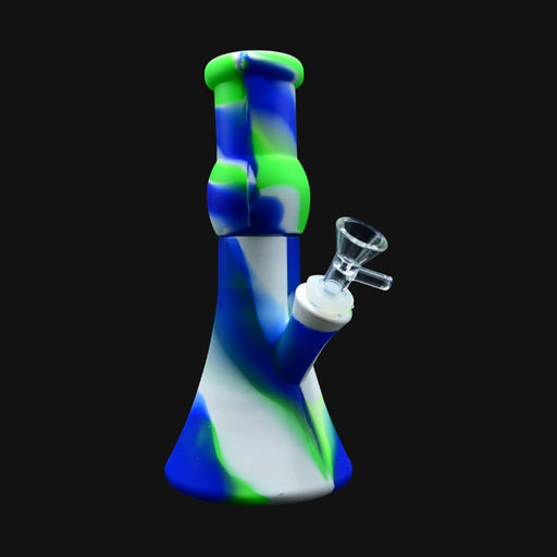 710 Pipes Smoke Shop 9-inch silicone beaker water pipe in a blue, green, and white swirl pattern with a glass bowl.