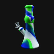 710 Pipes Smoke Shop 9-inch silicone beaker water pipe featuring a blue, green, and white swirl pattern with glass bowl
