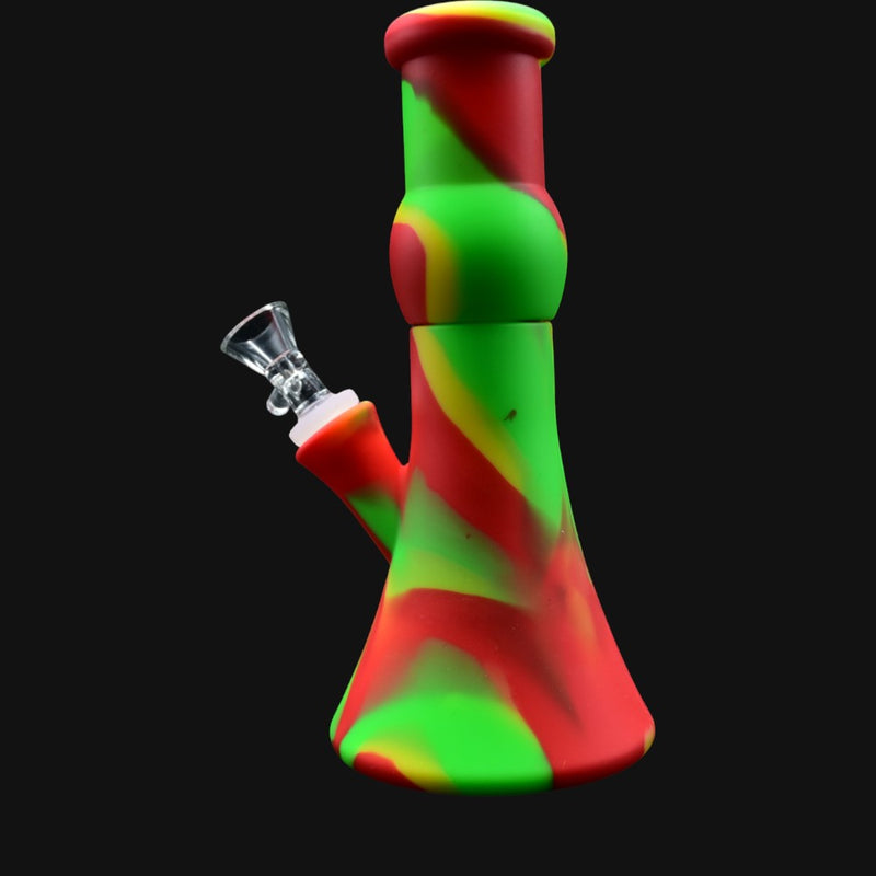 710 Pipes Smoke Shop 9-inch silicone beaker water pipe in a vibrant red, green, and yellow swirl pattern.