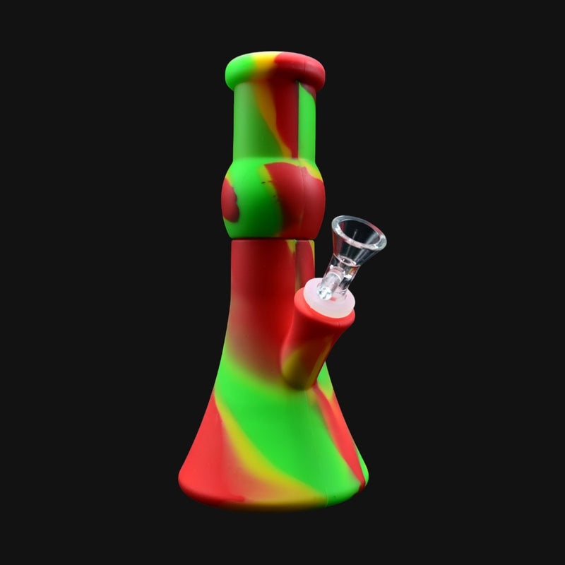710 Pipes Smoke Shop 9-inch silicone beaker water pipe in a vibrant red, yellow, and green swirl pattern with glass bowl.