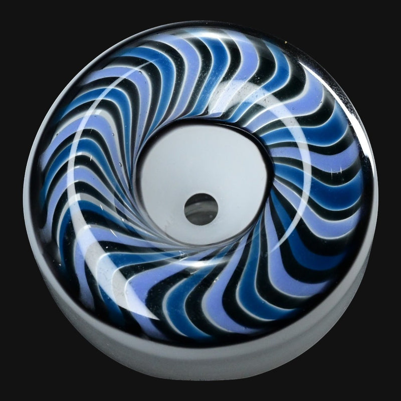 710 Pipes Smoke Shop J Worth glass flower bowl featuring a blue and black swirl skate wheel design