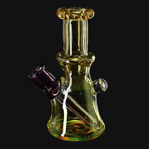 710 Pipes Smoke Shop Sky Hizzy Mini Rig 2, yellow glass beaker with purple joint, fixed downstem, and colorful wig wag accents.