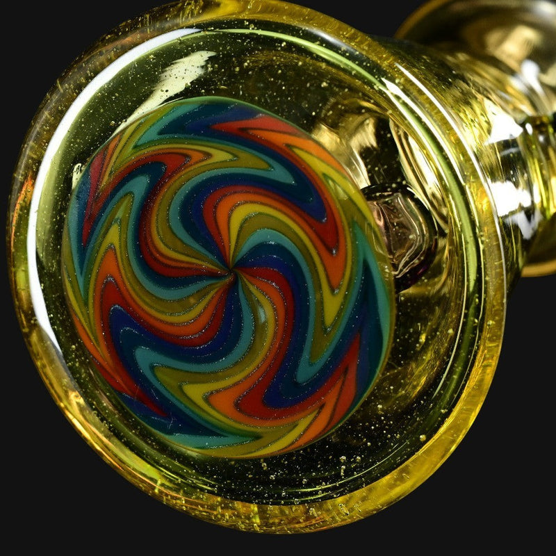 710 Pipes Smoke Shop Sky Hizzy Mini Rig 2 glass pipe with colorful wig wag swirl design and yellow accents.