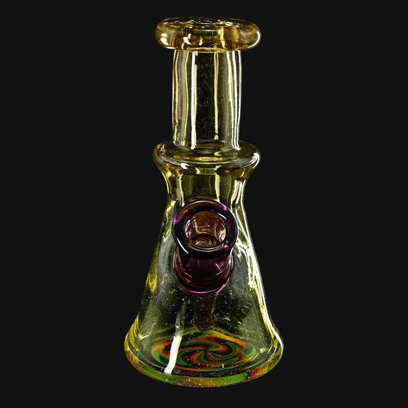 710 Pipes Smoke Shop Sky Hizzy Mini Rig 2, yellow glass beaker with purple joint and colorful wig wag accents.
