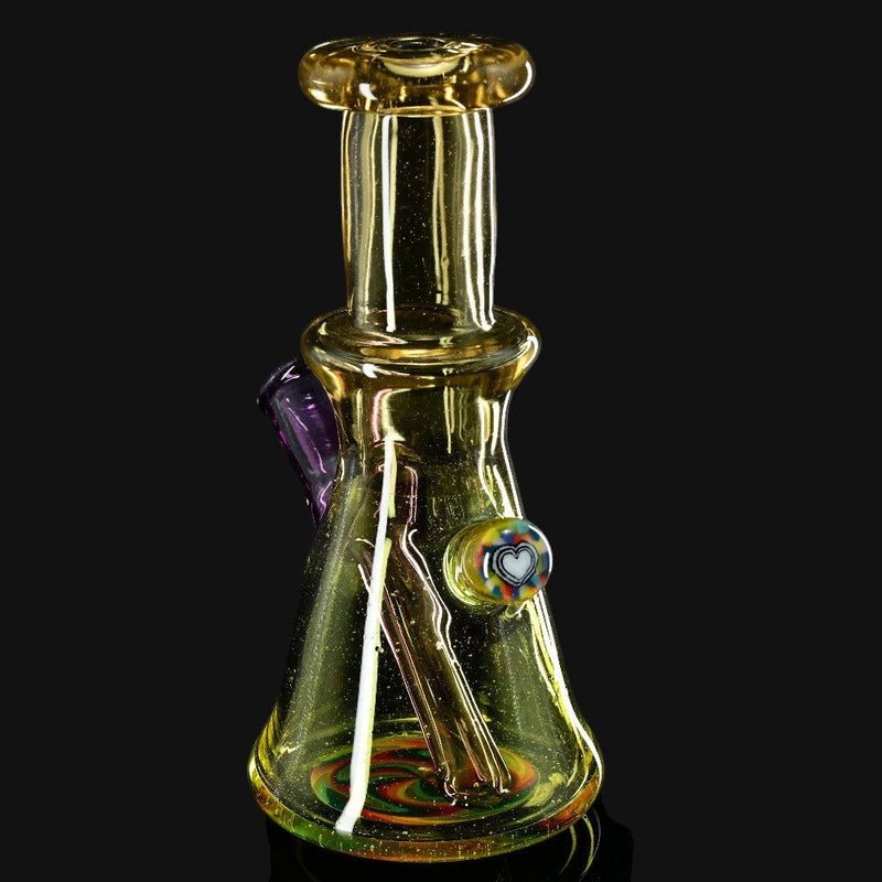 710 Pipes Smoke Shop Sky Hizzy Mini Rig 2, yellow glass beaker with purple accents and a heart design.