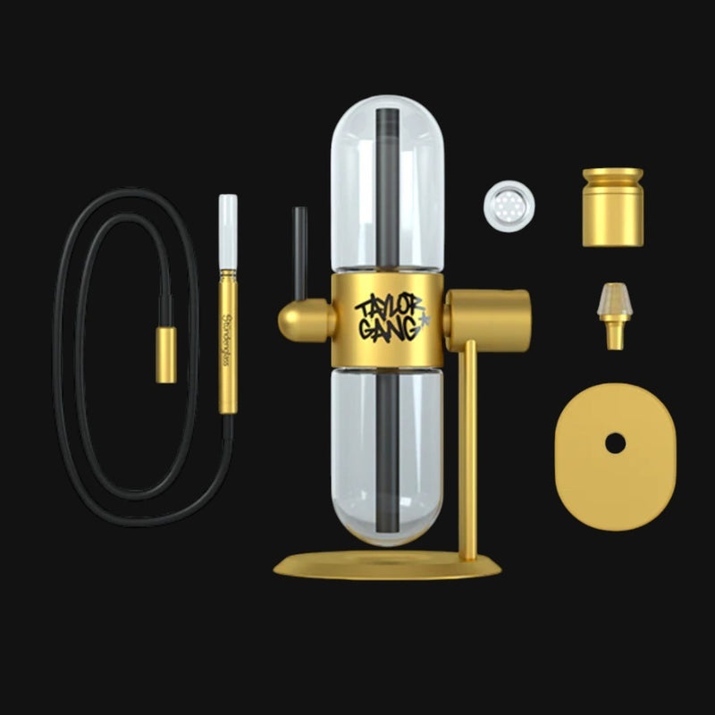 710 Pipes Smoke Shop Stundenglass Taylor Gang gravity infuser with gold accents, glass chambers, and accessories.