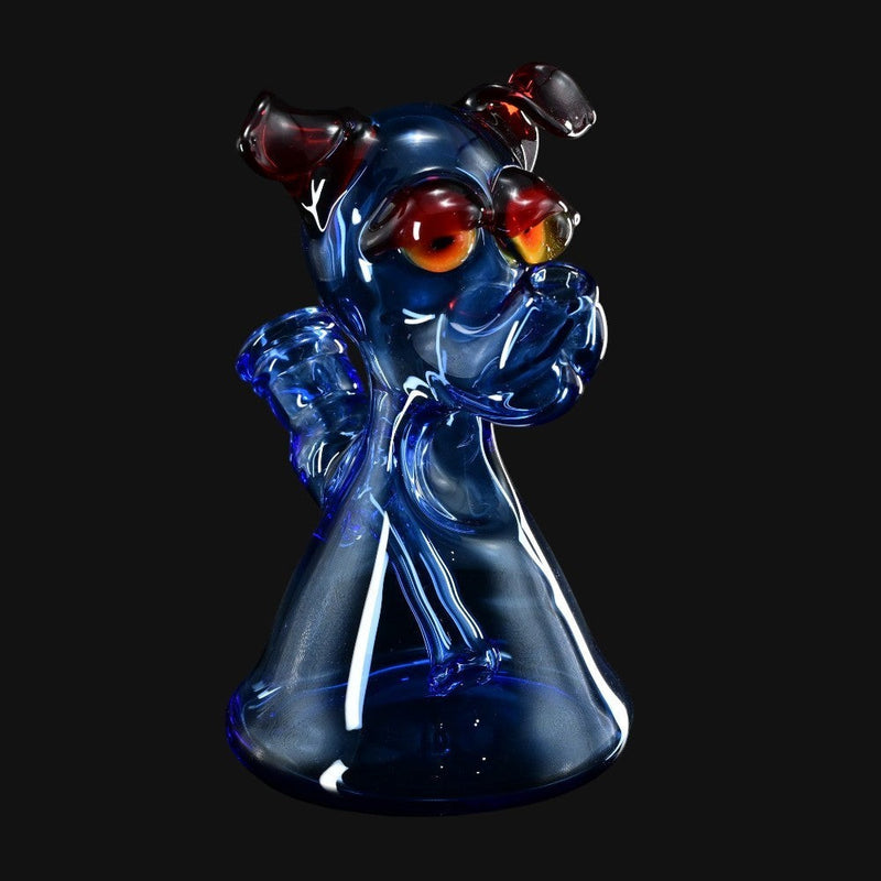 710 Pipes Smoke Shop T_Tree Glass Ruffer dog-shaped blue glass jammer pipe with amber accents.