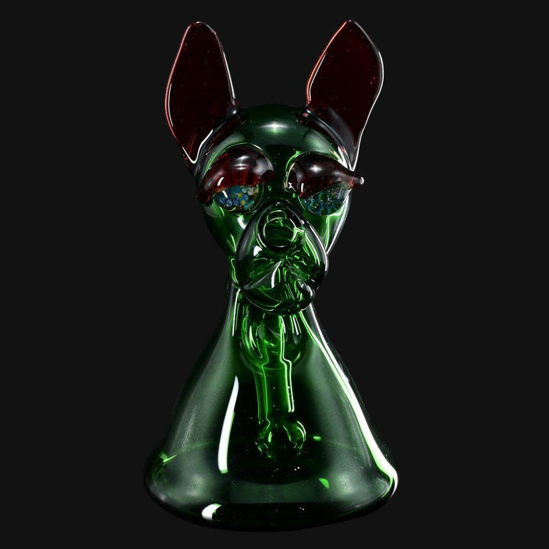 710 Pipes Smoke Shop T_Tree Glass Ruffer jammer featuring a green dog-shaped design with red ears and detailed eyes.