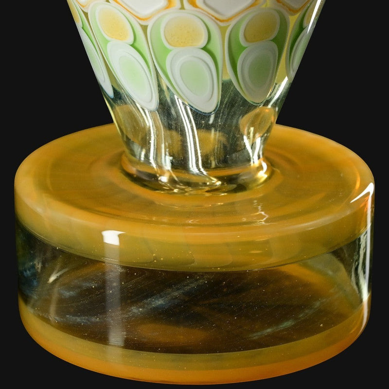 710 Pipes Smoke Shop RL. Dots Talus Rig #2, a 6-inch glass rig with a 14mm joint and a yellow base, featuring a colorful dot pattern.