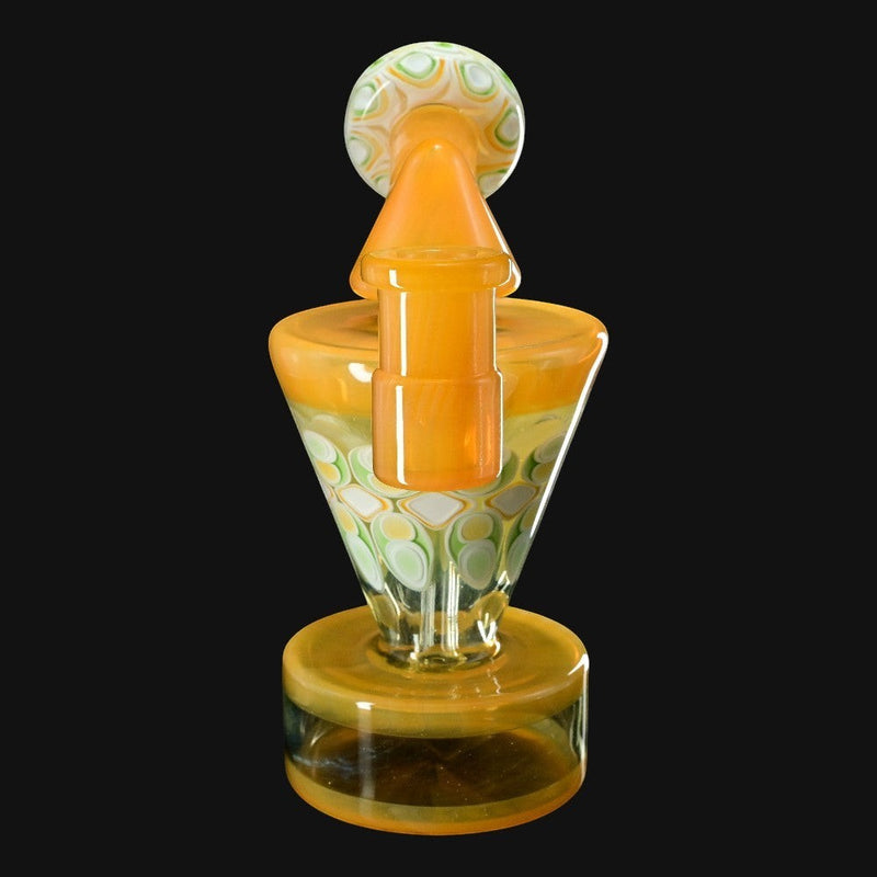 710 Pipes Smoke Shop RL. Dots Talus Rig #2, a 6-inch glass rig with a 14mm joint, featuring a yellow and green dot pattern.
