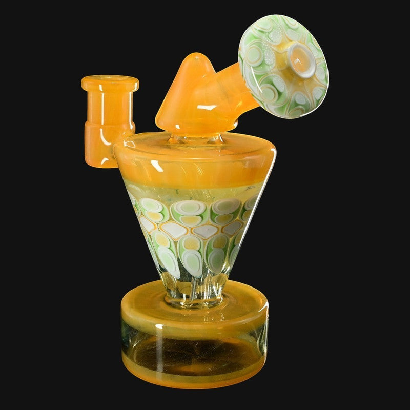 710 Pipes Smoke Shop RL Dots Talus Rig #2, a 6-inch tall glass rig with a 14mm joint, featuring a yellow cone-shaped body with a white and green dot pattern.
