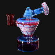 710 Pipes Smoke Shop RL. Dots Talus Rig #1, a 6-inch glass rig with a 14mm joint, featuring a red downstem and a blue chamber decorated with pink and white dots.