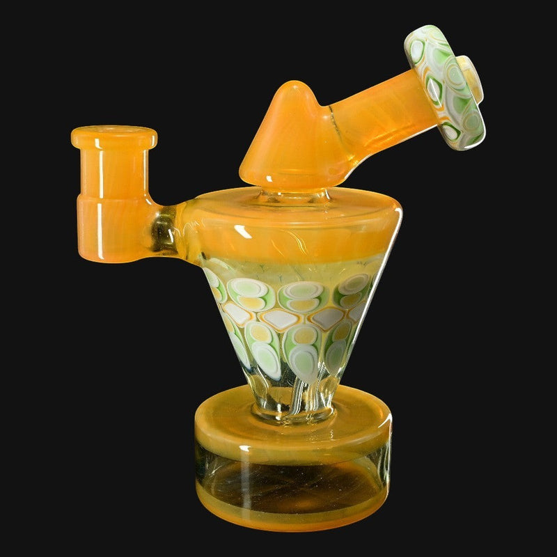 710 Pipes Smoke Shop RL. Dots Talus Rig #2, a 6-inch glass dab rig with a 14mm joint, featuring a yellow body with green and white dot accents.