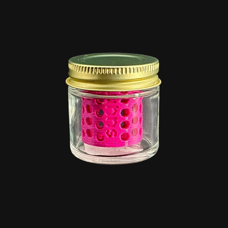 710 Pipes Smoke Shop terp pearl washing station with a clear glass jar, gold lid, and bright pink internal basket.
