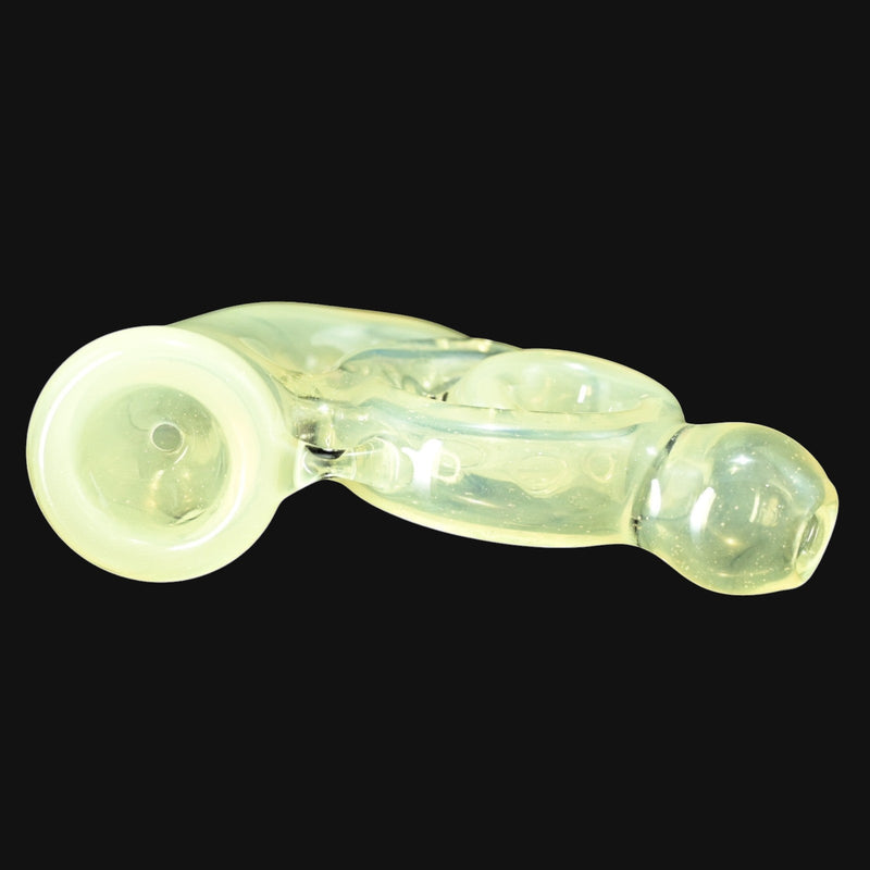 710 Pipes Smoke Shop Trippy Meat Small French Horn #2 glass pipe with a yellow tint and unique shape.