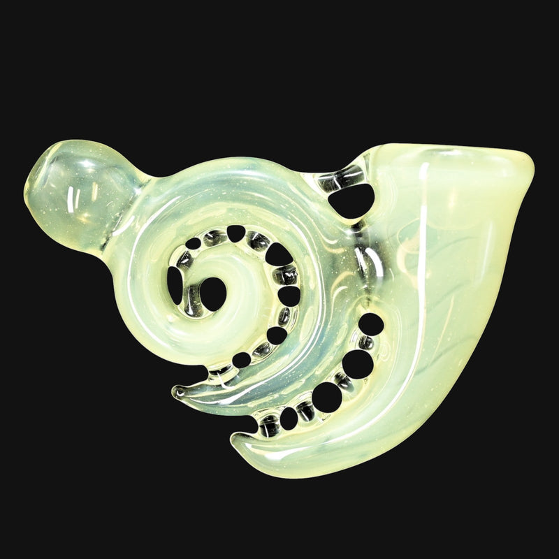 710 Pipes Smoke Shop Trippy Meat Small French Horn #2 glass pipe with a swirling design and multiple holes.