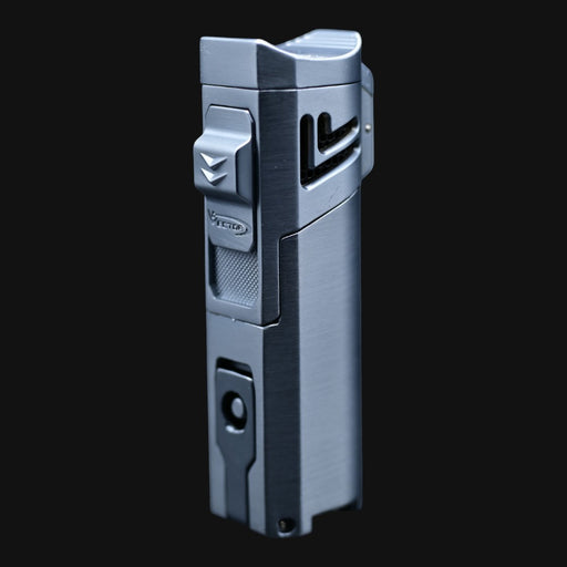 710 Pipes Smoke Shop Vector Quattro torch lighter in a brushed gunmetal finish with a sleek, modern design.