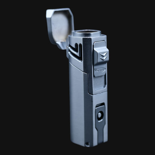 710 Pipes Smoke Shop Vector Quattro torch lighter in a sleek brushed silver metal finish with an open lid