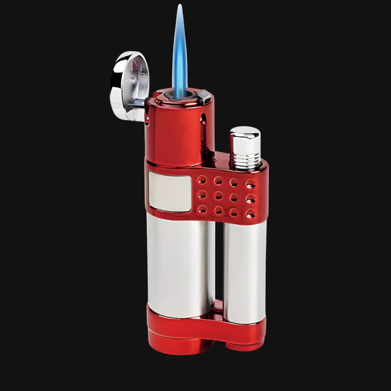 710 Pipes Smoke Shop Vector Stratos torch lighter in metallic red and silver with a single blue jet flame