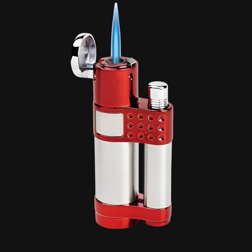 710 Pipes Smoke Shop Vector Stratos torch lighter in metallic red and silver with a single blue jet flame