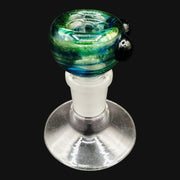 710 Pipes Smoke Shop Westie glass 14mm bowl slide featuring a swirling green and blue dichroic pattern