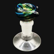 710 Pipes Smoke Shop Westie glass 14mm slide featuring a swirling blue, green, and yellow bowl with a clear base.