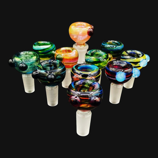 710 Pipes Smoke Shop Westie glass 14mm slides in assorted vibrant swirl colors with decorative glass beads