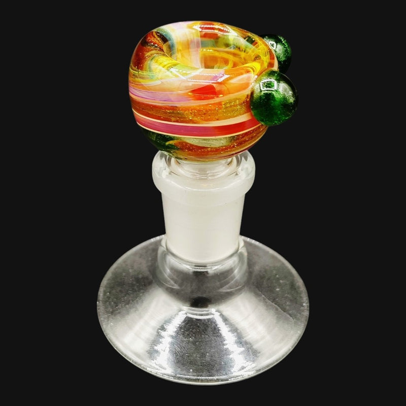 710 Pipes Smoke Shop Westie glass 14mm bowl slide featuring a colorful swirled pattern and green glass accents.