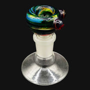 710 Pipes Smoke Shop Westie glass 14mm bowl slide featuring a colorful swirled pattern and decorative glass beads.