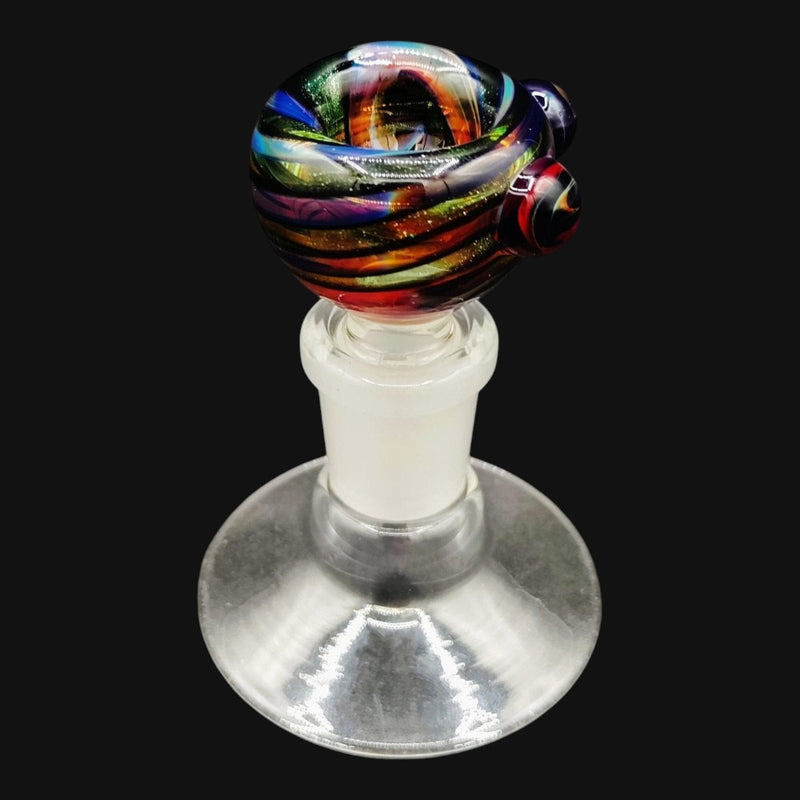 710 Pipes Smoke Shop Westie glass 14mm bowl slide with a vibrant multi-colored swirled pattern and clear glass base.