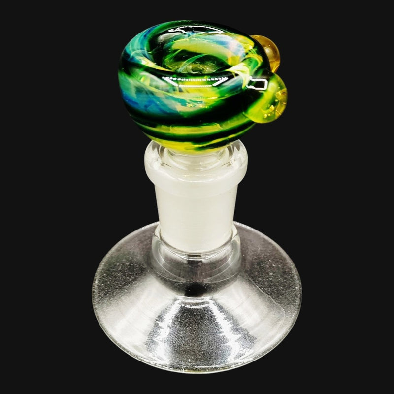 710 Pipes Smoke Shop Westie glass 14mm bowl slide featuring a vibrant green and blue swirl pattern