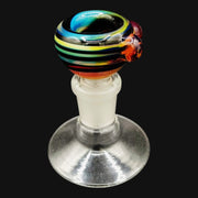 710 Pipes Smoke Shop 14mm Westie glass slide featuring a multi-colored striped bowl with a clear ground joint base.