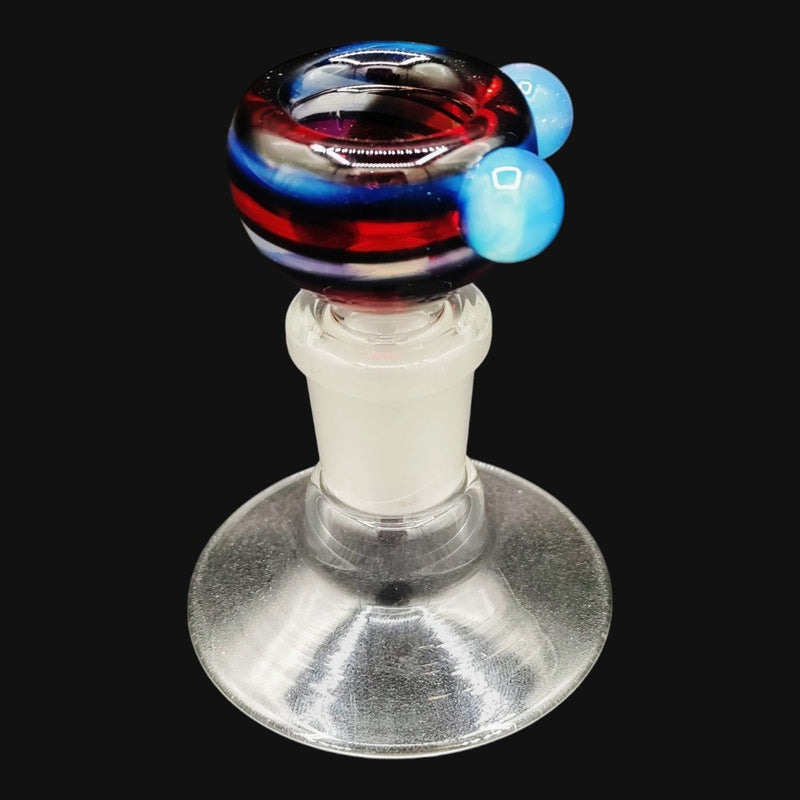 710 Pipes Smoke Shop Westie Glass 14mm slide featuring a red and blue striped bowl with two light blue glass beads.