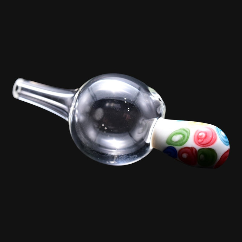 710 Pipes Smoke Shop white glass bubble cap with a colorful patterned handle for dab rigs