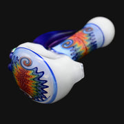 710 Pipes Smoke Shop white glass spoon pipe with rainbow wig wag design and blue accents