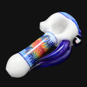 710 Pipes Smoke Shop white glass spoon pipe with colorful wig wag design and blue accents