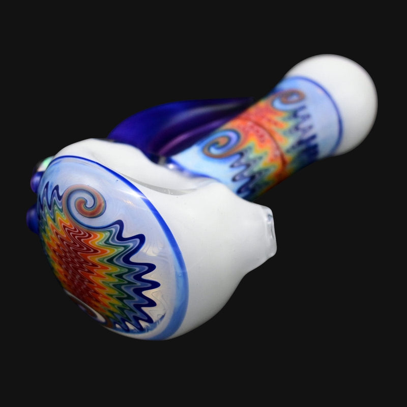 710 Pipes Smoke Shop white glass spoon pipe with colorful wig wag and swirl designs