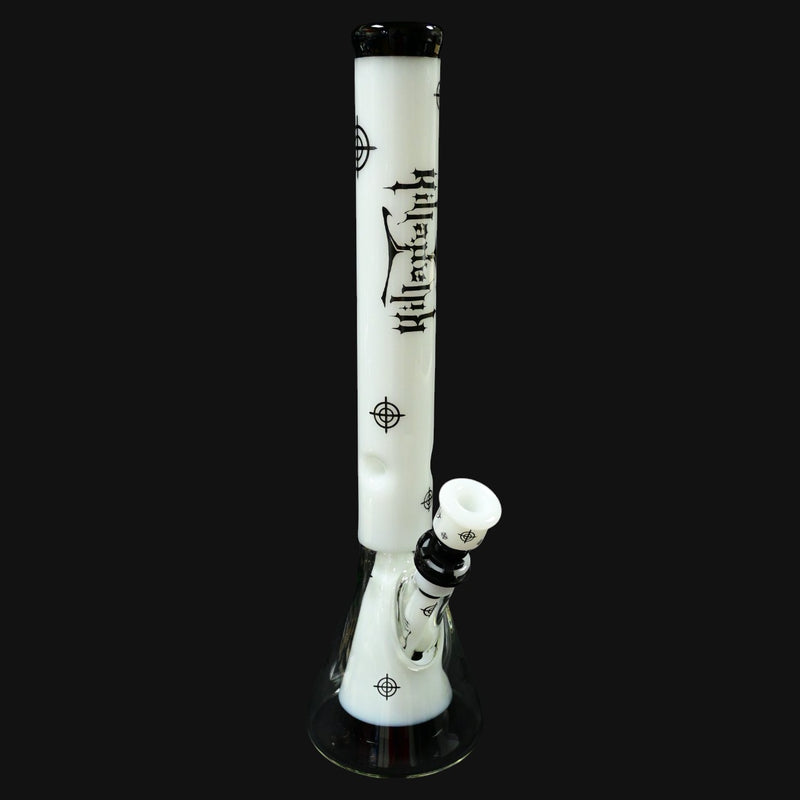 710 Pipes Smoke Shop white glass beaker bong with black Illadelph Killa branding and target symbols.