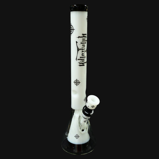 710 Pipes Smoke Shop white glass beaker bong with black Illadelph Killa branding and target symbols.