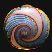 710 Pipes Smoke Shop glass spoon pipe featuring a white, blue, and orange swirling twisty front design.