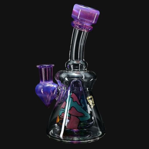 710 Pipes Smoke Shop Windstar Jammer water pipe rig with purple mushroom design and mosaic percolator. 7.5 inches tall.
