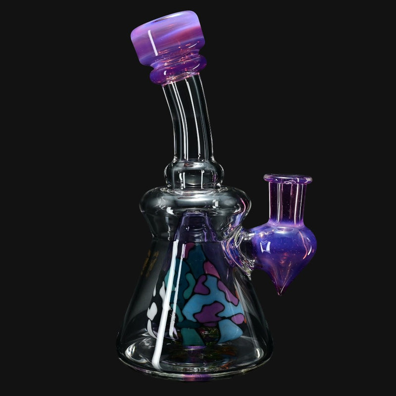 710 Pipes Smoke Shop Windstar Jammer water pipe rig with purple mushroom design and mosaic percolator. 7.5 inches tall.