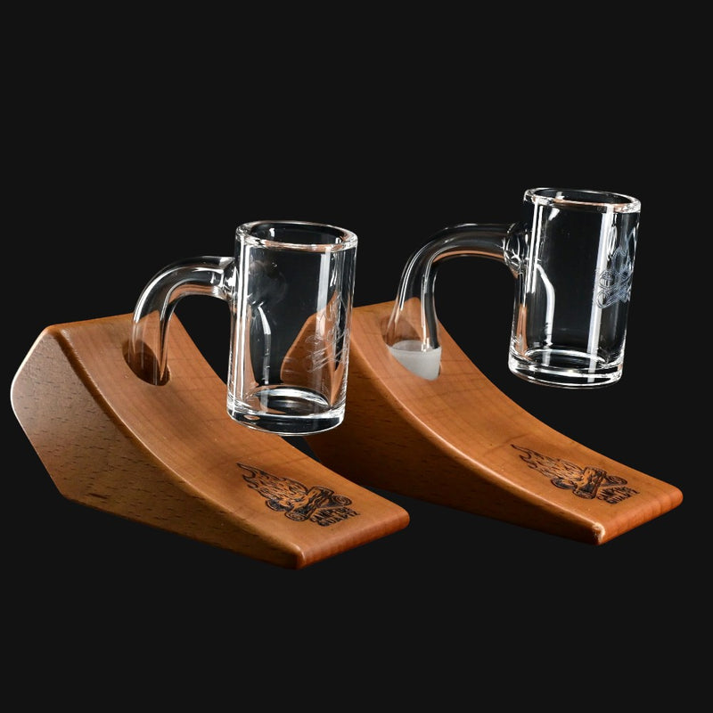 710 Pipes Smoke Shop Campfire wooden display stands holding clear quartz bangers at 45 and 90 degree angles