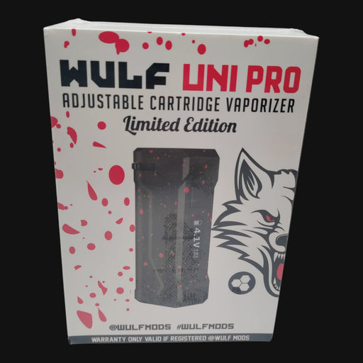 710 Pipes Smoke Shop Wulf Uni Pro limited edition cartridge battery box with wolf graphic and red splatter design