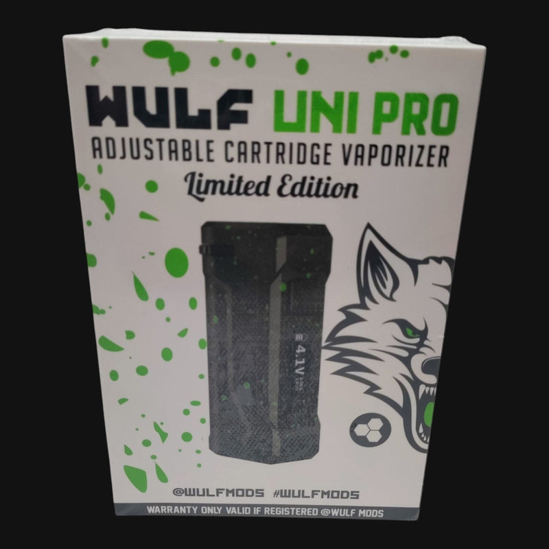 710 Pipes Smoke Shop Wulf Uni Pro limited edition cartridge battery box with green and black wolf branding